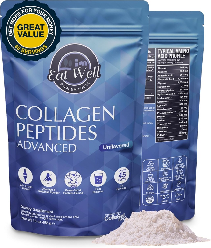 EAT WELL PREMIUM ELINTARVIKKEET Collagen Peptides Powder Protein 45 Servings, 16oz, Collagen for Skin, Bone and Joint Support, tyyppi I & III Grass Fed Collagen täydentää naisten ja miesten, Keto, Aminohapot