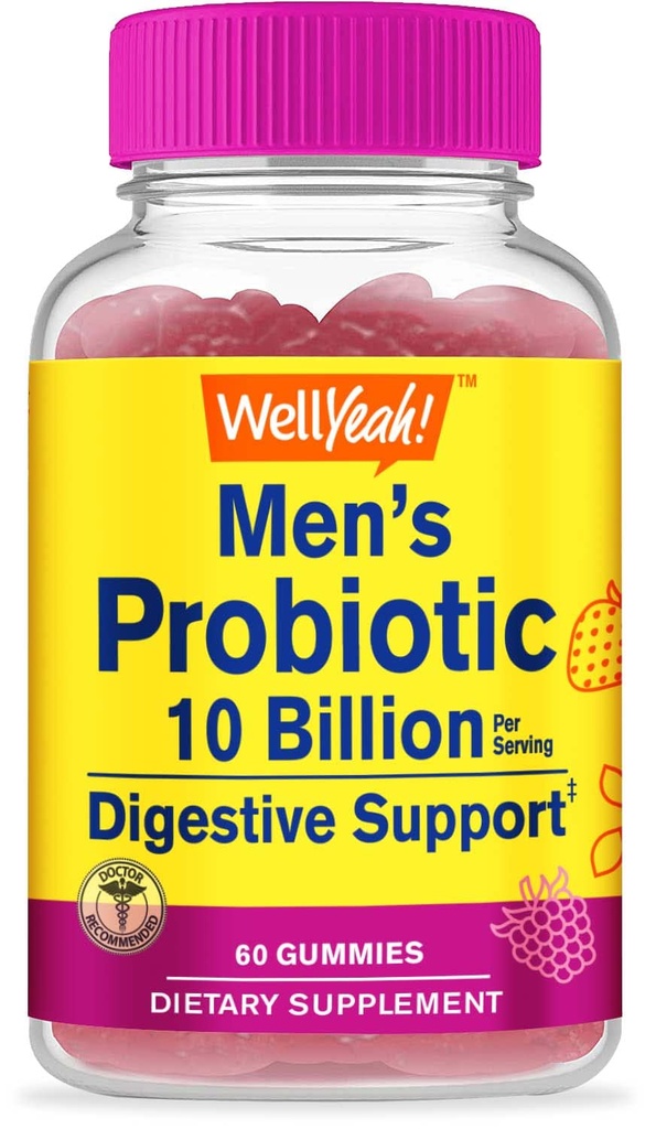 WellYeah Probiotic Gummies för män med 10 miljarder CFU, återställa naturlig matsmältningsbalans, minska gas, uppblåsthet och oregelbundenhet, glutenfri, icke-GMO, vegetarian - 60 Gummies