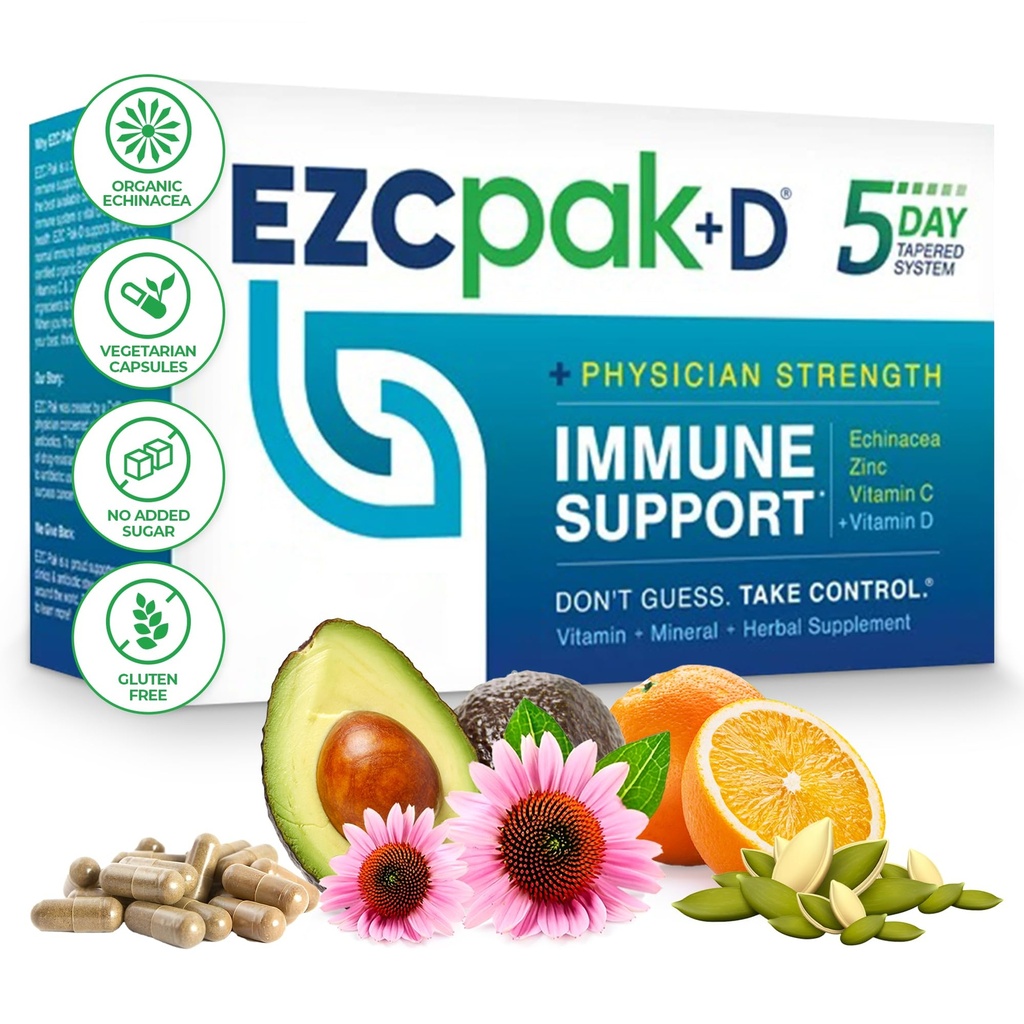 EZC Pak 5-Day Immunomy System Booster Echinacea, C-vitamiinia, Sinkkiä ja D-vitamiinia - Tapered Immuuni tuki täydentää aikuisille - Tukee immuniteettisuutta, helppo matka-koko täydentää Pack