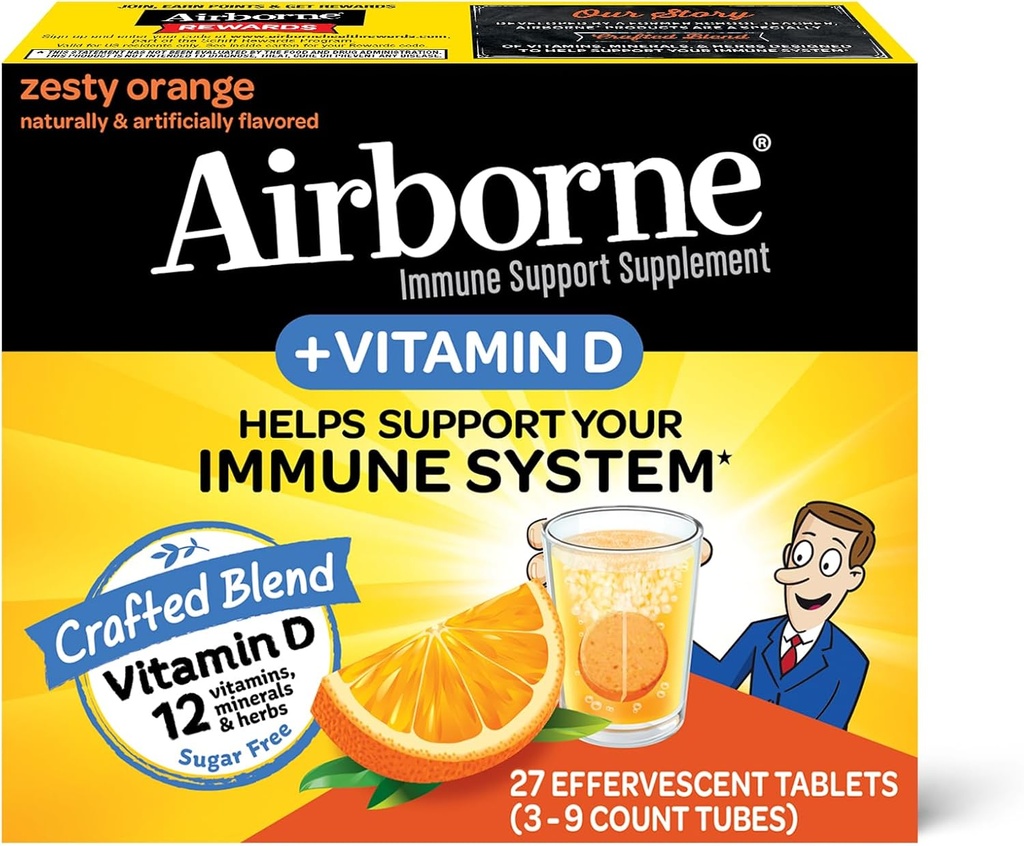 Airborne 750 mg C-vitamiinin kanssa Sinkki Effervescent tabletit, Immuuni tuki täydentää voimakas antioksidantteja Vitamiinit C D3 & E - 27 Fizzy Drink Tabletit, Zesty Orange Flavor