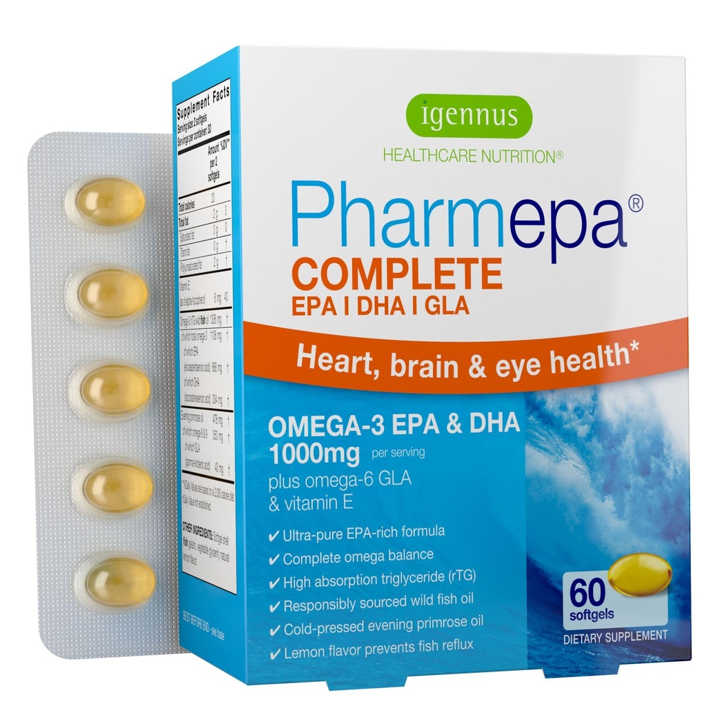 Igennus Pharmepa Complete EPA 668mg & DHA 334mg Omega-3 rasvahapot 1000mg, IFOS Certified, rTG Form, High Potency Fish Oil Plus Omega-6 & 9 alkaen GLA Evening Primrose Oil, Lemon Flavor, 60 Softgels