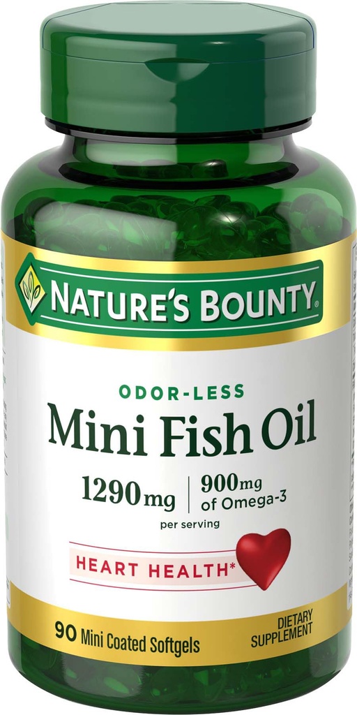 Naturens Bounty Mini Fish Oil Softgels, Burpless Fish Oil Omega 3 Supplements, stöder hjärthälsa, 90 Softgels (Pack of 1)