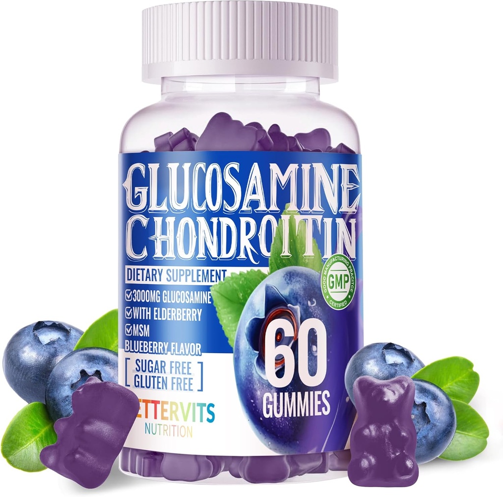 Glukosamiini Chondroitin Gummies MSM & Elderberry Extra Strength - Joint Support, antioksidantti Immuuni tuki täydentää aikuisille, miehet & naiset.60 Mustikka Gummies