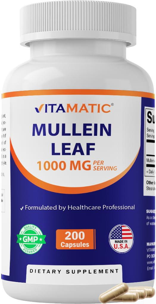 Vitamatic Mullein Leaf 1000mg per tarjoilu - Tukee Terveitä hengitysteitä, Bronchial & Immuunitoiminto - 200 kapselia