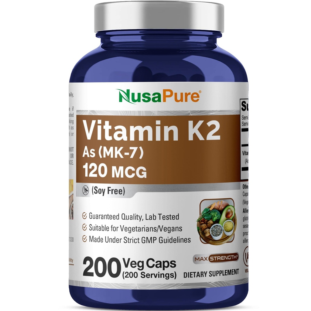 NusaPure-vitamiini K2 MK7 120 mikrog 200 kasviskapselia (Soy Free, non-GMO, Vegan)