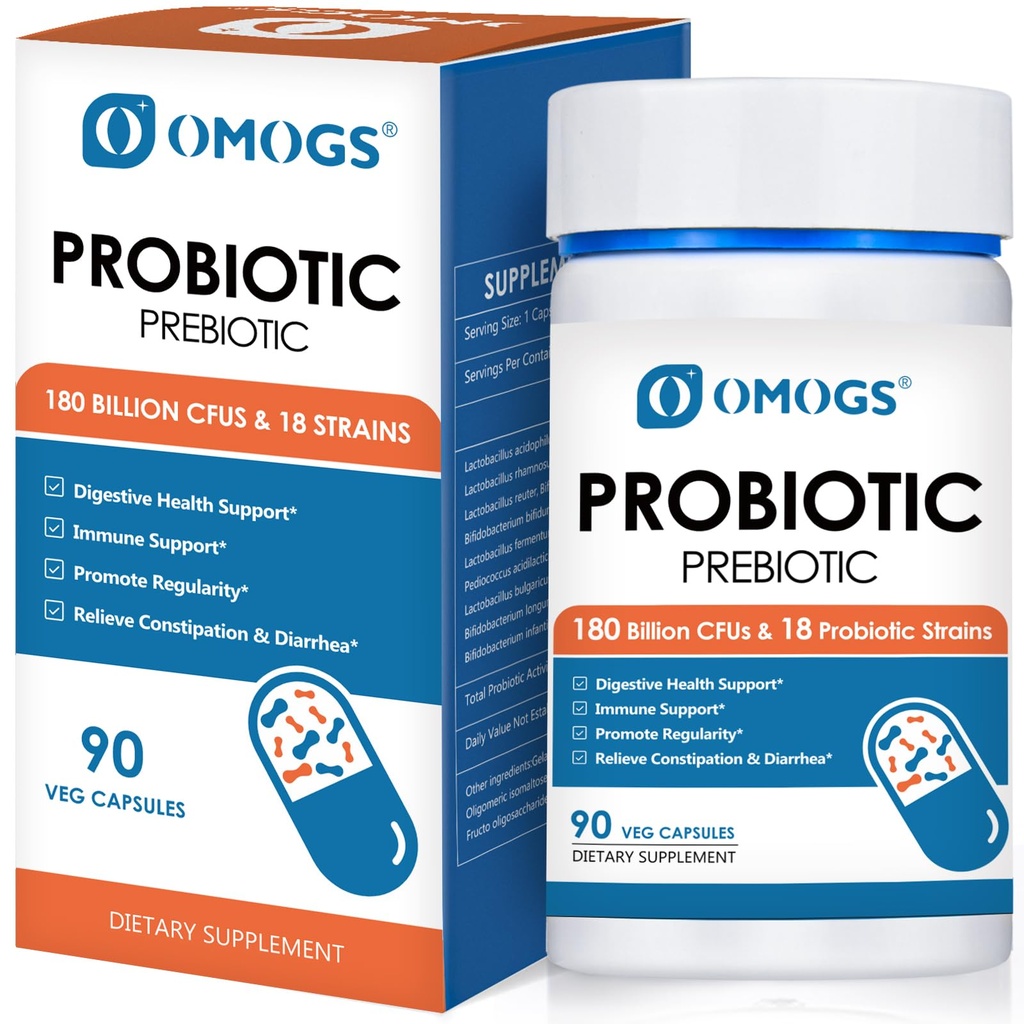 OMOGS Probiootit 120 miljardia PMY 18 kanta, 3 Prebiootit & Ruoansulatuskanavan entsyymit, auttaa ruoansulatuskanavan, Gut Health, Immuuni, tukee satunnaista ummetusta, ripuli & kaasu - naisille ja miehille, 60 kapselia