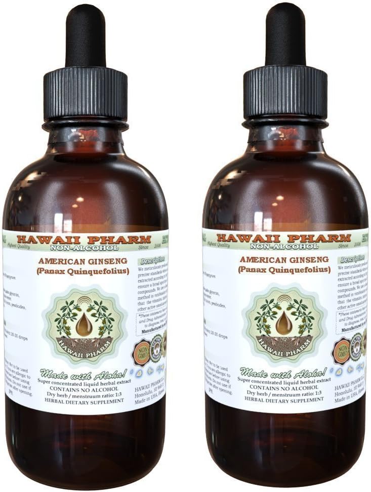 American Ginseng Alcohol-Free Liquid Extract, Ginseng (Panax Quinquefolius) Torkade Root Glycerite Hawaii Pharm Natural Herbal Supplement 2x4 oz