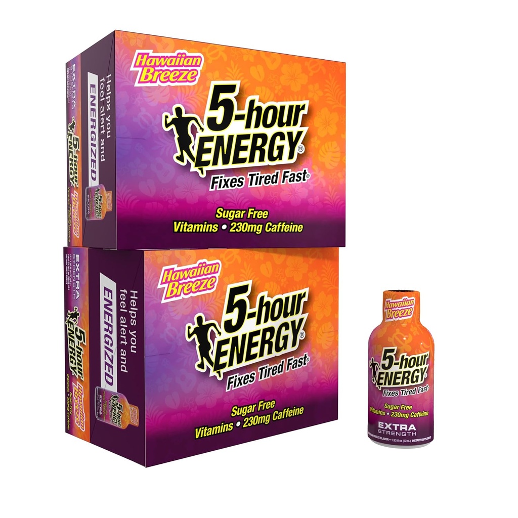 5-timmars ENERGY Extra Strength Energy Shot, Hawaiian Breeze Flavor (1,93 oz. - 24 Count) Zero Calories & Sugar-Free 230 mg Caffeinated Energy Shot, Amino Acids & B Vitamins, Kosttillskott