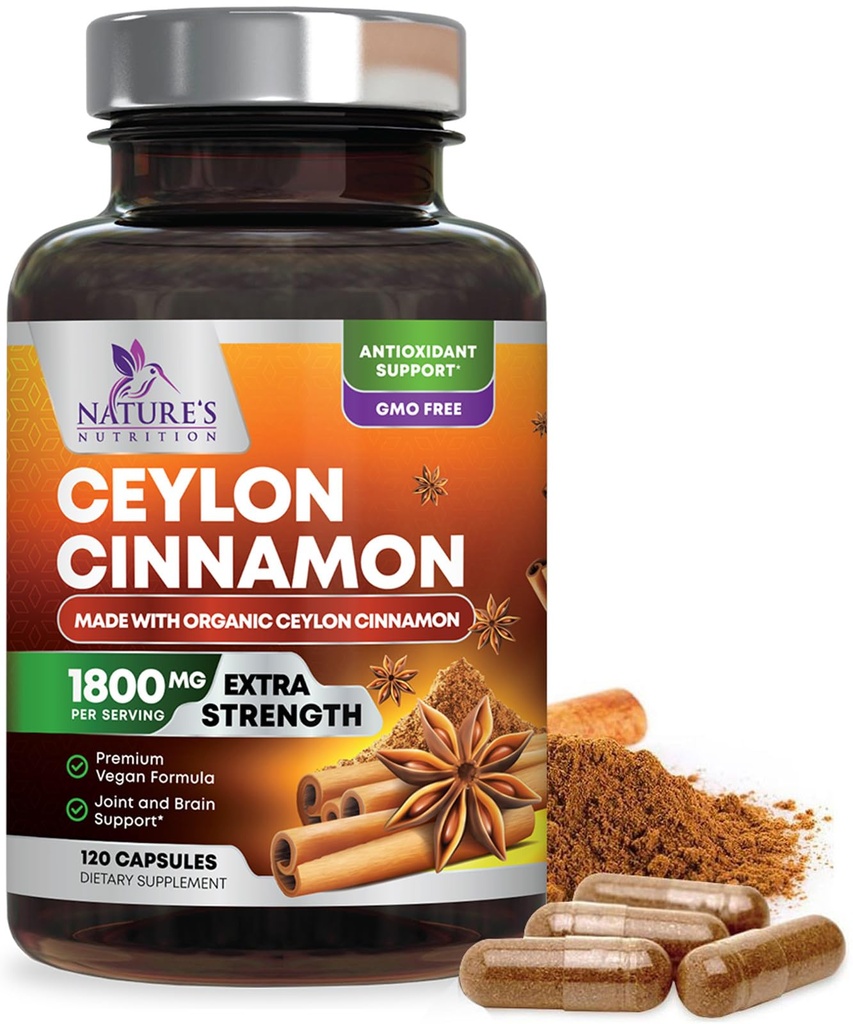 Organic Ceylon Cinnamon Supplement 1800mg - Certified Organic Ceylon Cinnamon Powder Pills - Energy & Heart Support för kvinnor och män, Bottled i USA, Antioxidant, Gluten Free, Non-GMO - 120 kapslar