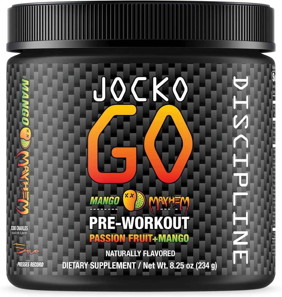 Jocko Fuel Pre Treenout Powder with L-Citrullline, Nootropic & Comfeine for Endurance & Stamina - Keto, Low Sugar Blend for Etäisyys Running, Pyöräily, Jiu Jitsu - 30 Servings (Mango)