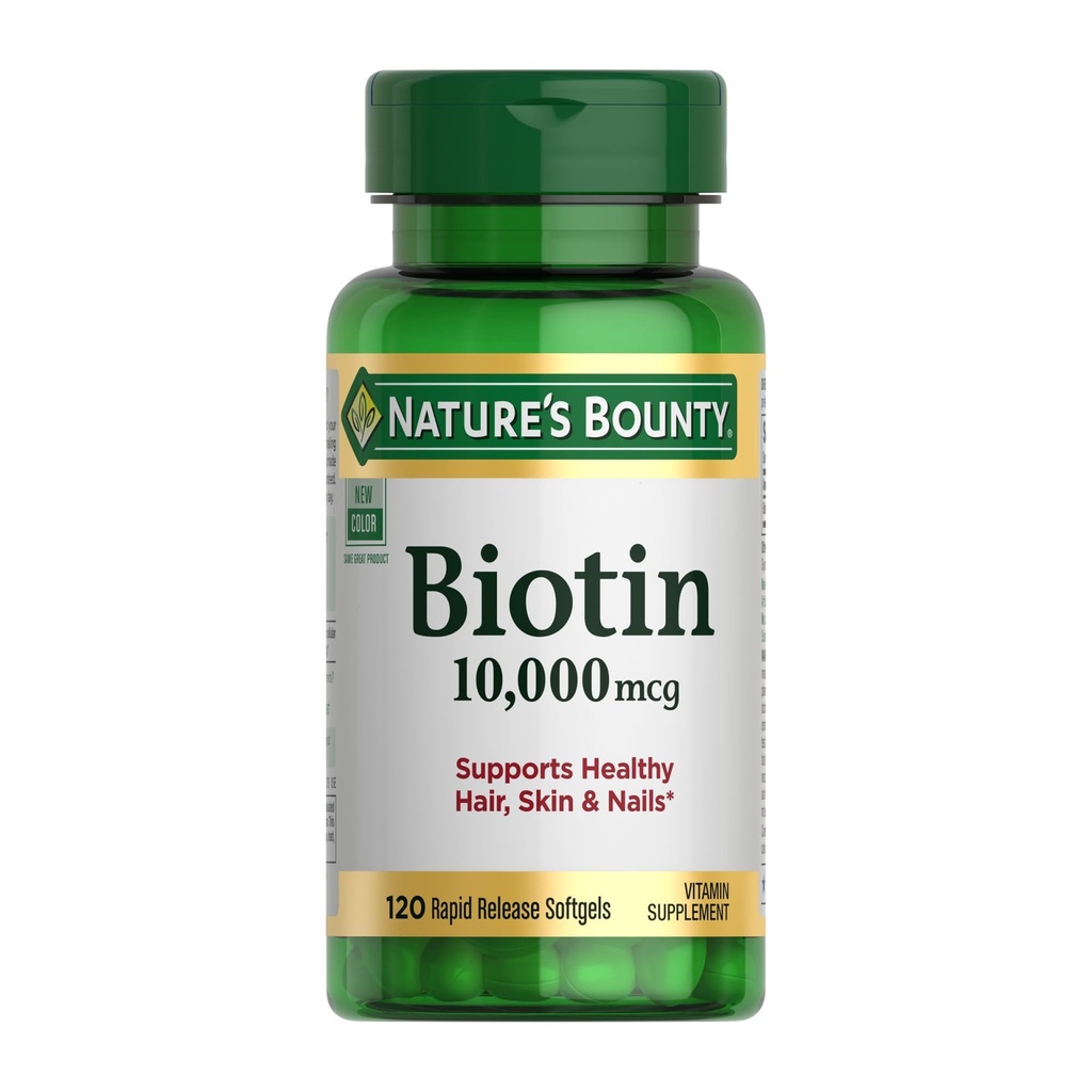 Naturens Bounty Biotin Hair Skin och Nails Vitamins, stöder hälsosamt hår, hud och naglar, 10 000 mcg, 120 Softgels (Pack of 1)