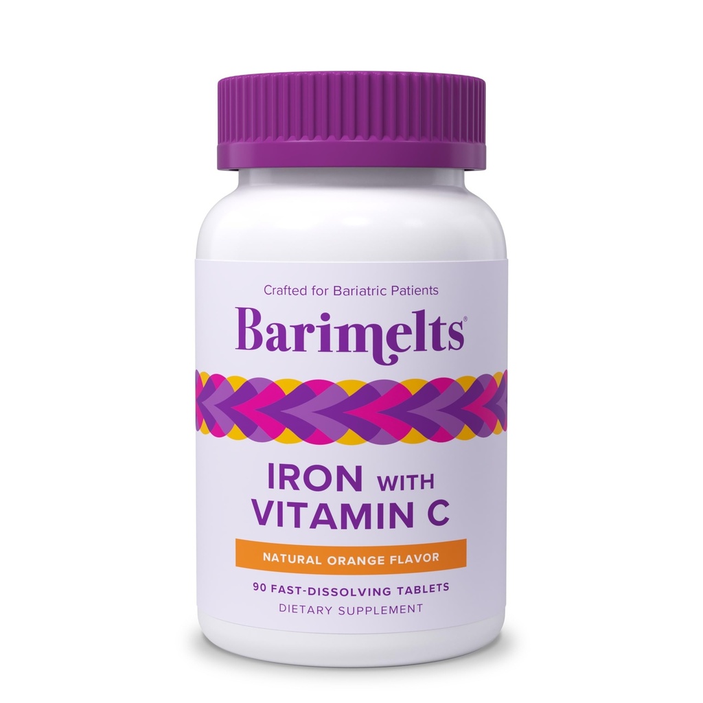 Barimelts järn med vitamin C, 90 Fast-Dissolving tabletter (1-månaders leverans), sockerfri bariatrisk järntillskott för kvinnor, naturlig orange smak