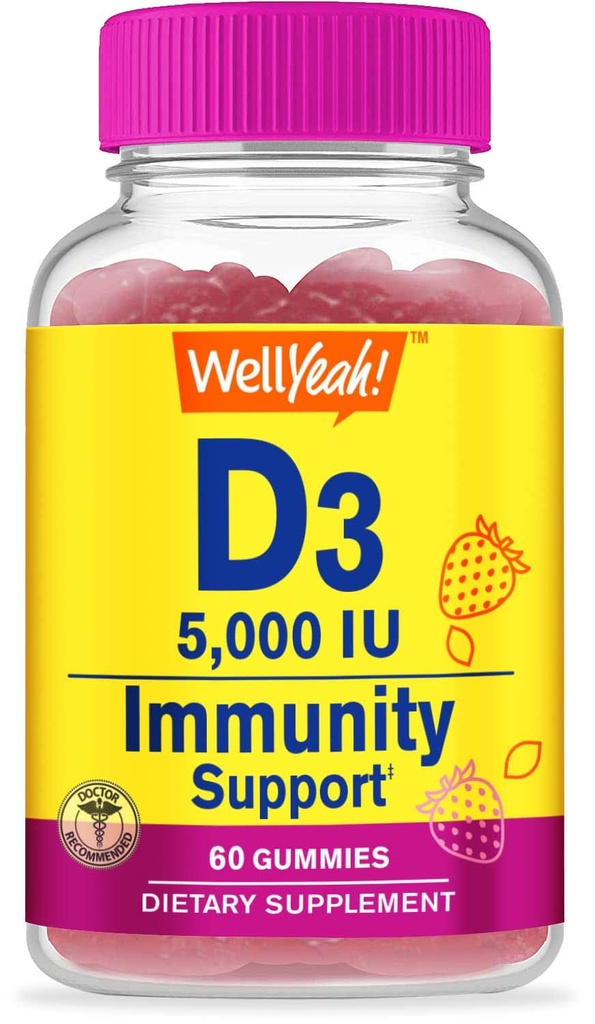 WellYeah-vitamiini D3 5000 IU (125 mikrog) Extra Strenght Gummies - Bone Health, Immuuni Booster, Bone and Hampaiden Support -Non GMO, Gluteeniton, Pähkinätön, Kasvissyöjä -Strawberry Flavor -60 Gummies