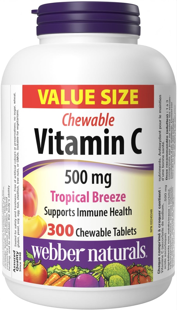 Webber Naturals C-vitamiini, 300 purutablettia, 500 mg C-vitamiinia per tabletti, luut, hampaat, immuuni- ja antioksidanttituki, muu kuin GMO, maitotuotteet ja gluteeniton