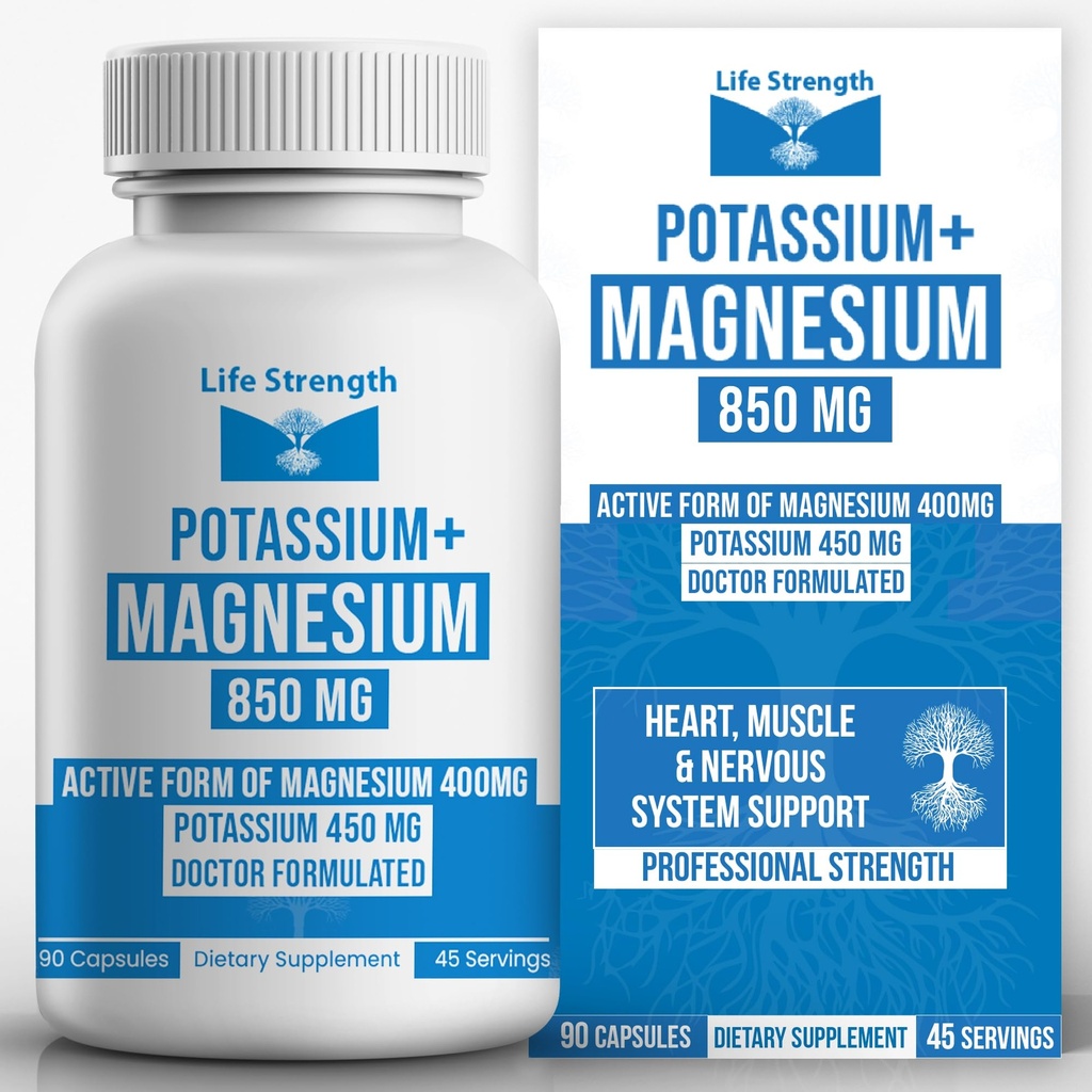Life Strength Magnesium Kaliumkompleksin täydennysosa - 90 kapselia - suuri imeytyminen Magnesium Tuki Verisuonisto Terveys ja jalka Kramppi