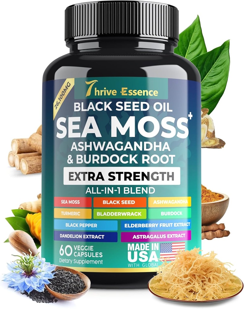 Sea Moss Extract, Black Seed Oil, Ashwagandha, Turmeric & More - 10-i-1 Herbal Supplement med Black Pepper & Elderberry - 60 kapslar