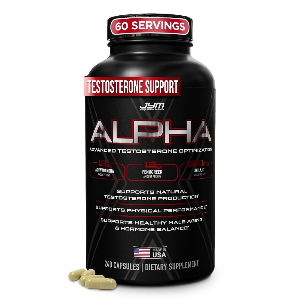 Alpha JYM X Advanced Hormone Optimization, Vitality, Optimisation, DHEA, Ashwagandha, Boron, Shilajit, Finugreek, Eurycoma, Damiana, Quercetin, DIM, JYM Lisätiede, 240 kapselia