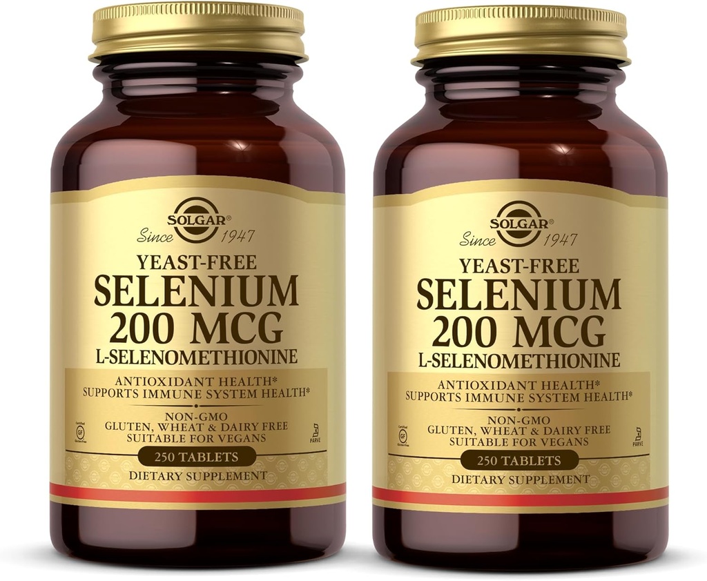 Solgar Jeast-free Selenium 200 mikrog - 250 tablettia, 2 tabletin pakkaus - Tukee antioksidanttien ja immuunijärjestelmän terveyttä - ei-muuntogeenisiä organismeja, vegaaneja, gluteeniton, maitotuotteeton, Kosher - 500 yhteensä