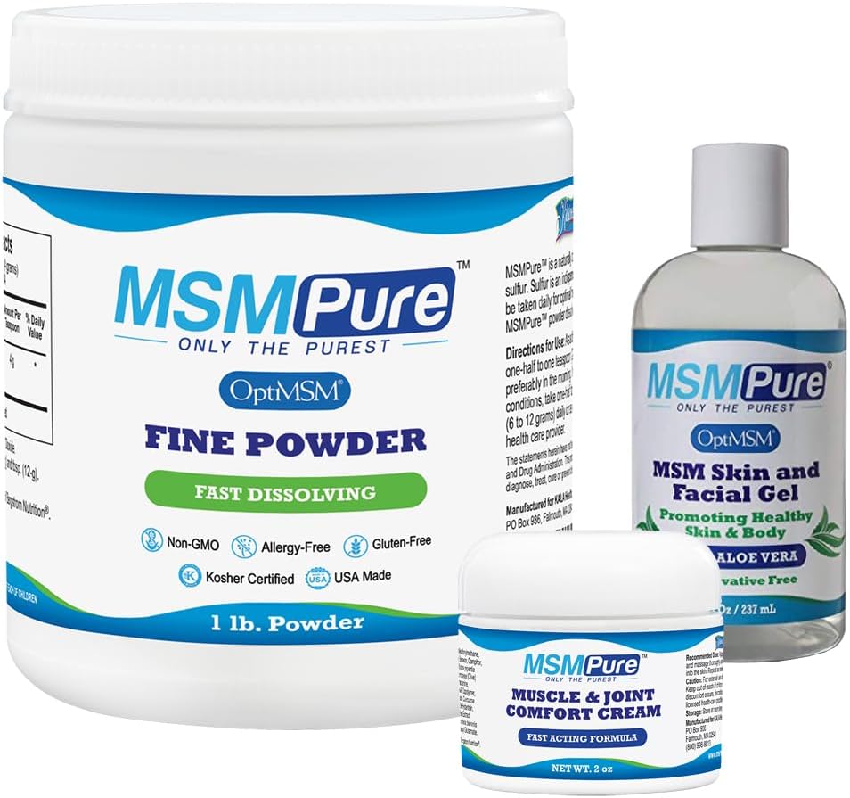 KALA TERVEYS MSMPure Starter Bundle with MSM Fine Powder 1lb, MSM Muscle & Joint Cream 2oz ja MSM Gel with Organic Aloe 8oz