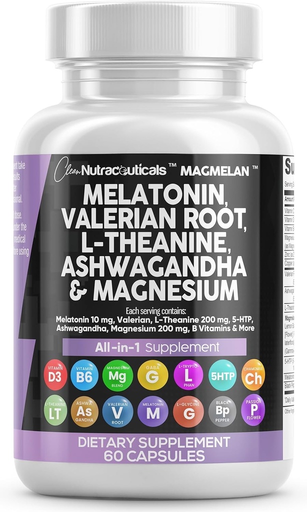 Clean Nutraceuticals Melatoniini 10mg Valerian Root L Theanine 200mg Ashwagandha - Sleep Support naisille ja miehille magnesiumkompleksi, sitruuna Balm, kamomilla, & Passion Flower - 60 Caps