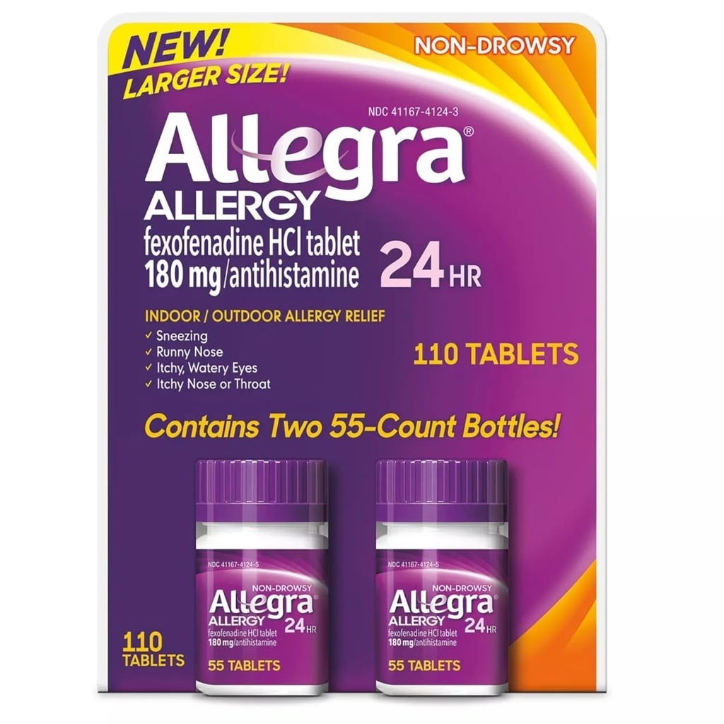 Allegra 24 tunnin sisällä ja ulkona Allergian lievittäminen 180 mg 55 tablettia, 2 tabletin pakkaus (110 kt.)