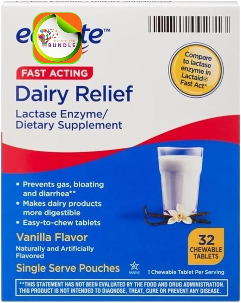Equate Fast Acting Dairy Relief Lactase Enzyme Dietary Supplement Vanilla Flavor purutabletti 32 Count (Pack of 1) + CreativeAndBundle Sticker