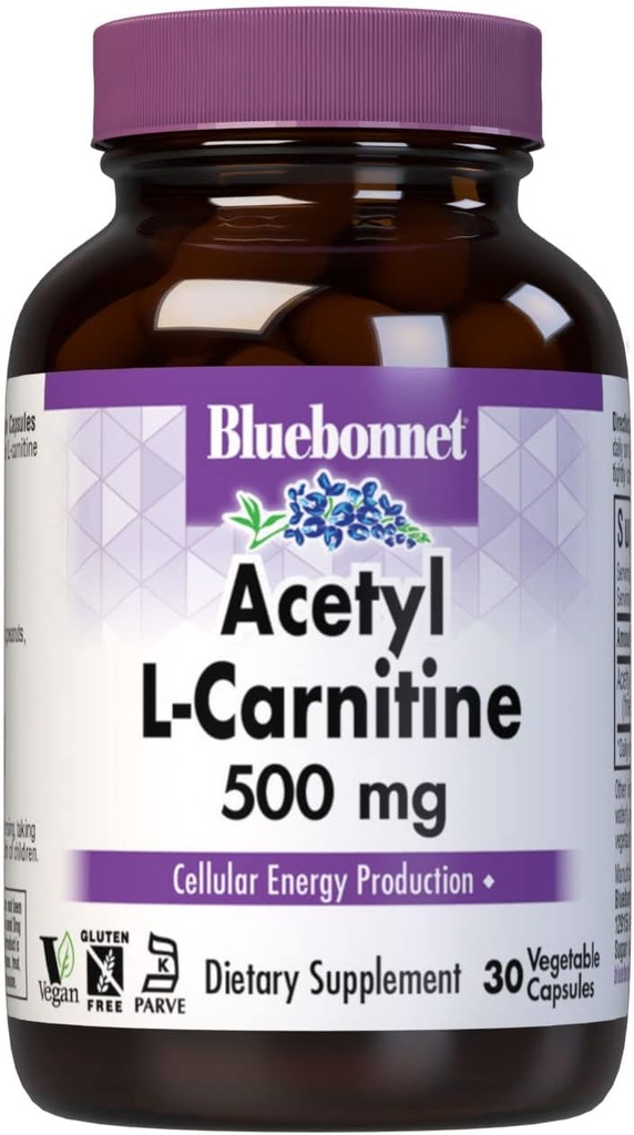 Bluebonnet Nutrition Acetyl L-karnitiini, Kuljetukset Rasvahapot, Boosts Cellular Energy, Soy & Gluteeniton, Kosher Certified, Vegan, 30 Kasvikapselit, valkoinen, 500mg