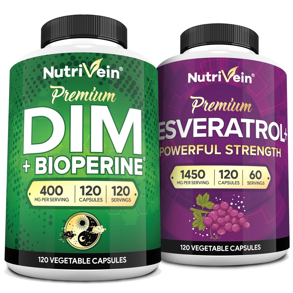 Nutrivein Premium Resveratrol Capsules och DIM Supplement Bundle: High-Absorption Resveratrol Supplement och DIM för återhämtning, balans och vitalitet