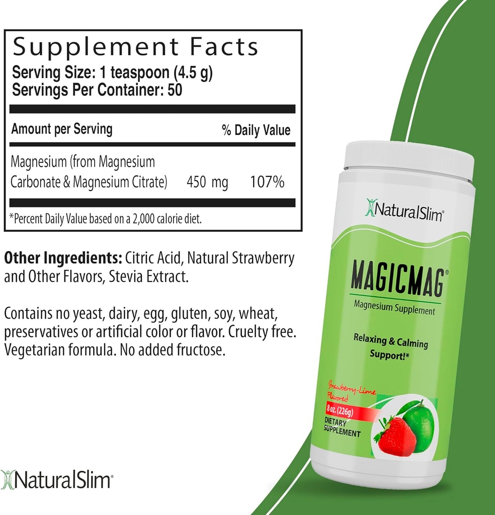 NaturalSlim Magicmag Pure Magnesium Citrate Powder - Stress, förstoppning, muskel och hjärtsupport | Naturlig jordgubb & Lime smaksatt Magnesium Supplement - 8oz Drink Mix (3 Pack)