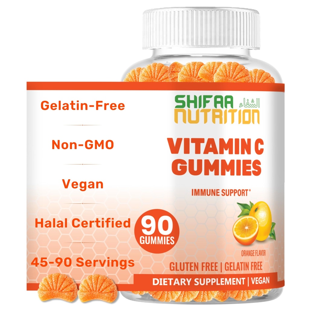 SHIFAA NUTRITION Vegan Vitamin C Gummies | 90 Gummies, 250mg 45 Servings | Icke-GMO | Gluten-Free, Gelatin-Free | Immun Support Gummies & Seasonal Support för barn & vuxna Halal Vitaminer