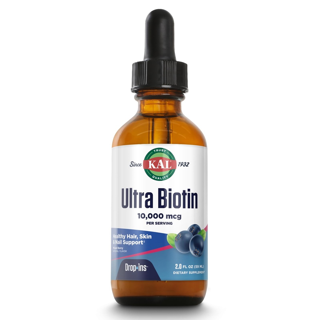 KAL Ultra Biotin 10000mcg DropIns, Liquid Biotin Drops, hiusten kasvu täydentää, korkea Potency B7-vitamiini, terve hiukset, iho, kynnet ja energia-tuki, Natural Mixed Berry Flavor, Noin 59 Serv, 2oz