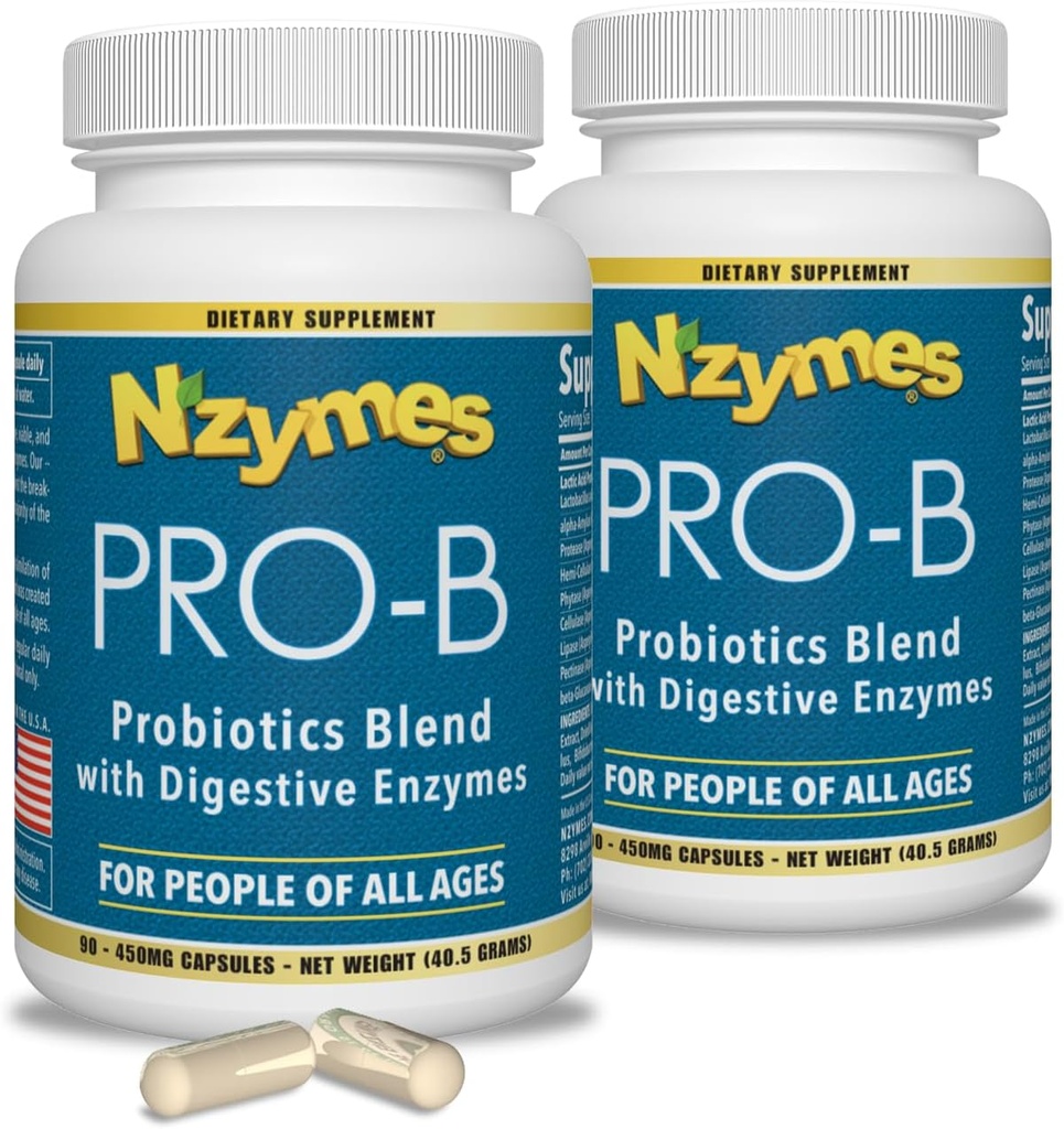 Nzymes® Pro-B Probiootit ja digestiiviset Entsyymit ruoansulatusta, ruoansulatushäiriöitä ja ummetusta varten (180 Caplets) - Valmistettu Yhdysvalloissa