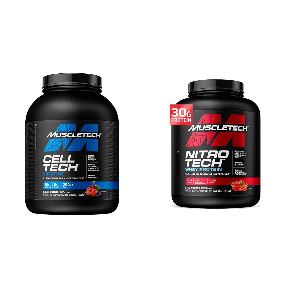 MuscleTech Cell-Tech Creatine Powder & Nitro-Tech Whey Protein Powder Bundle | Muscle Builder & Recovery Formel | 6 lbs Creatine & 4 lbs Whey | Strawberry Flavor