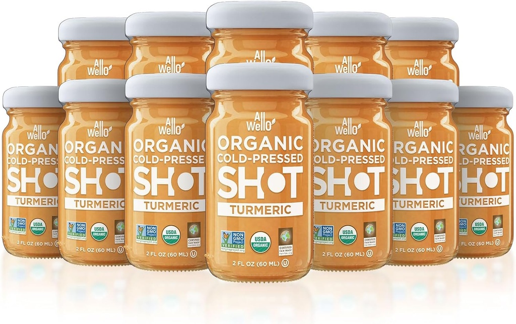 ALLWELLO Cold-Pressed Turmeric Shot, 60 ml, USDA Organic Immune Booster med Natu-RAL (12 PK, gurkmeja)