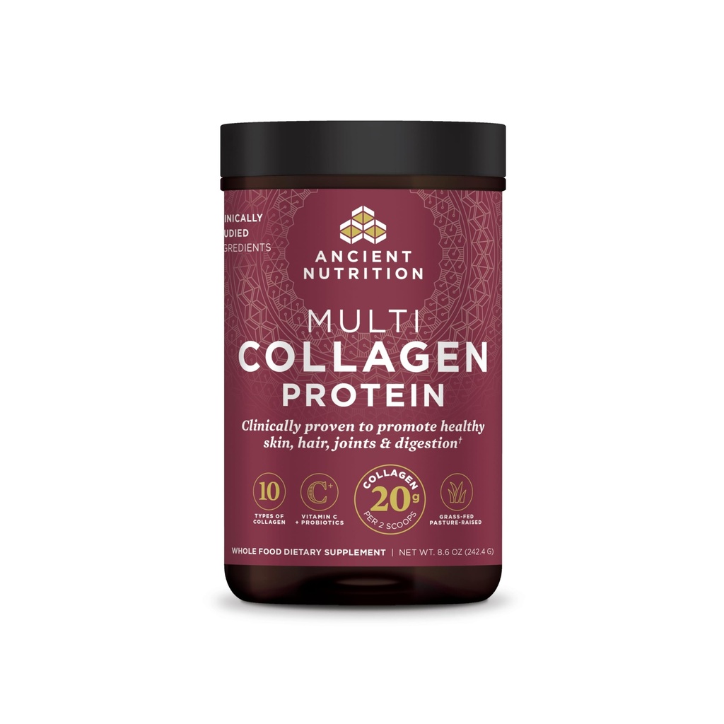 Ancient Nutrition Hydrolyzed Collagen Peptides Powder, makuamaton Multi Collagen Powder Packets naisille ja miehille C-vitamiini, 24 Tarjoilut, tukee ihoa ja kynsiä, Gut Health