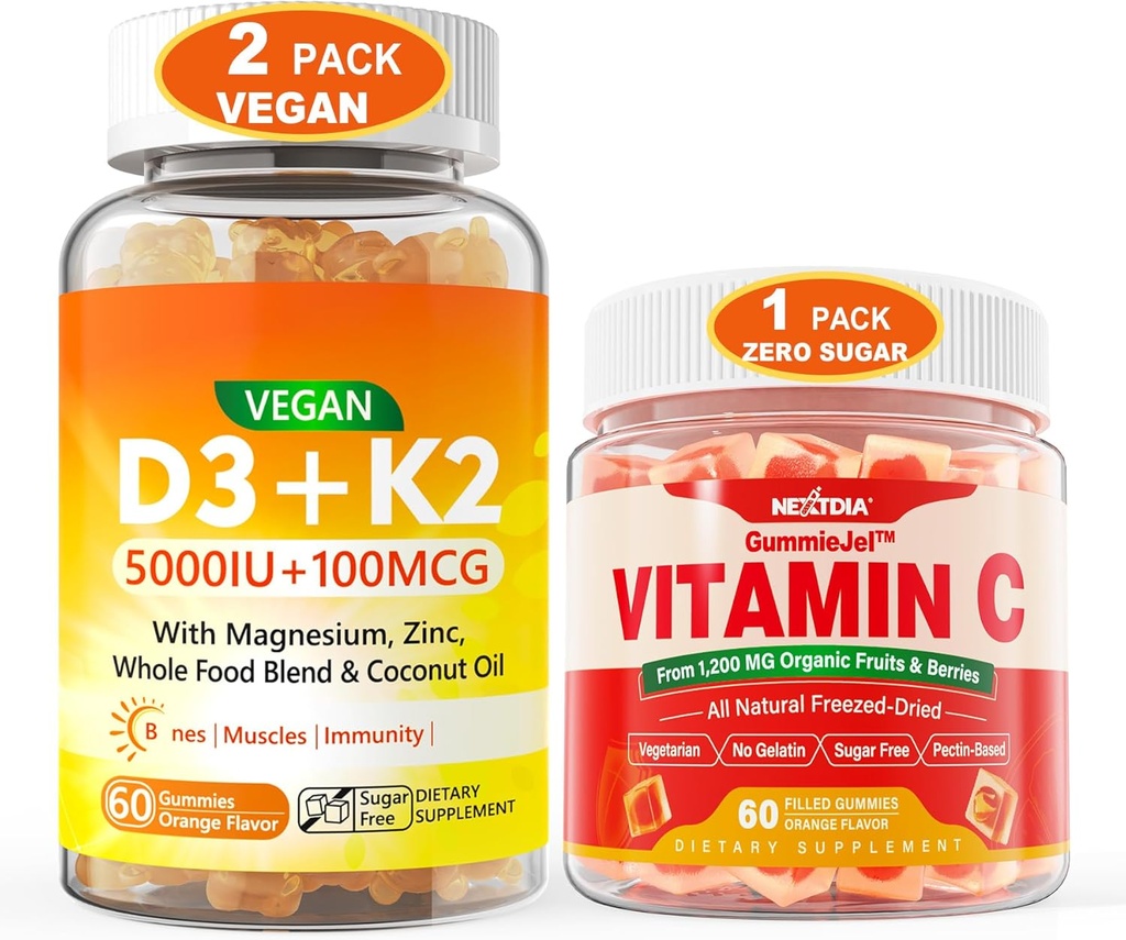 2 Pack Vegan Vitamin D3 5000IU K2 Gummies + 1 Pack Whole Food Vitamin C Gummies