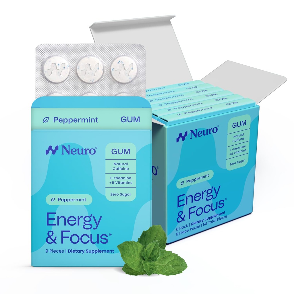 NeuroGum Energy & Focus gum (54 Count-6 Pack, Piparmint) ... 40 mg luonnollinen kofeiini + L-Theanine + B12 & B6-vitamiini + ksylitoli ...