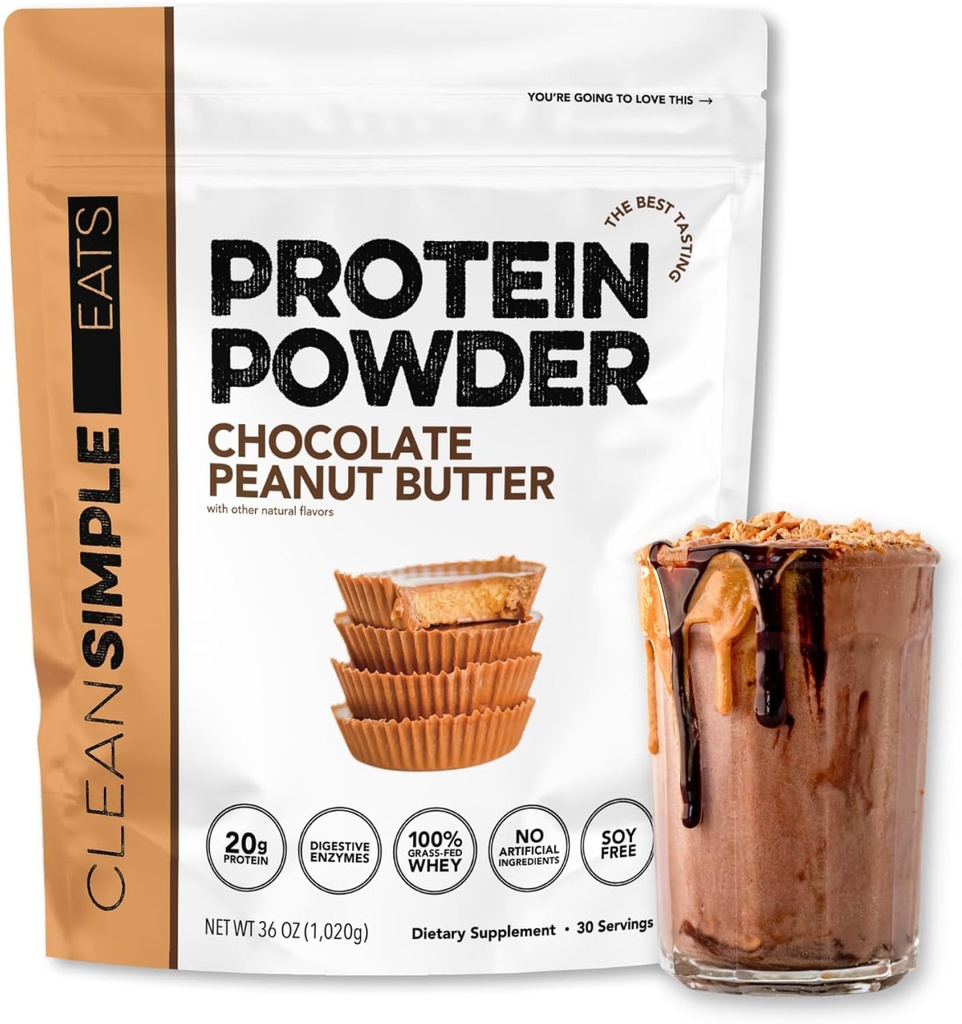 Clean Simple Eats Whey Protein Powder, Chocolate Peanut Butter Flavor Naturligt sötad, 100% Grass Fed Protein Pulver med Digestive Enzymes & Inga konstgjorda ingredienser, Gluten Free, 30 portioner
