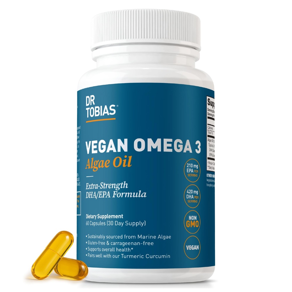 Dr Tobias Vegan Omega 3 Supplement, 1400mg Algae Oil, 420mg DHA och 210mg EPA per servering, icke-GMO, Gluten-Free, Carrageenan-Free, 60 kapslar, 30 portioner
