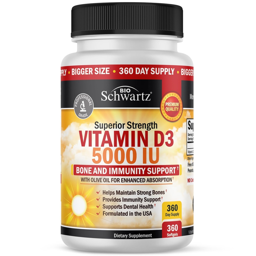 D3- vitamiini 5000 IU (125 mikrog) Luonnollinen immuunisupport supplementti, luun vahvuus, terve lihasfunktio, jossa oliiviöljyä korkeinta imeytymistä varten, gluteeniton & ei-GMO, 1 vuosi tarjonta, 360 Softgels