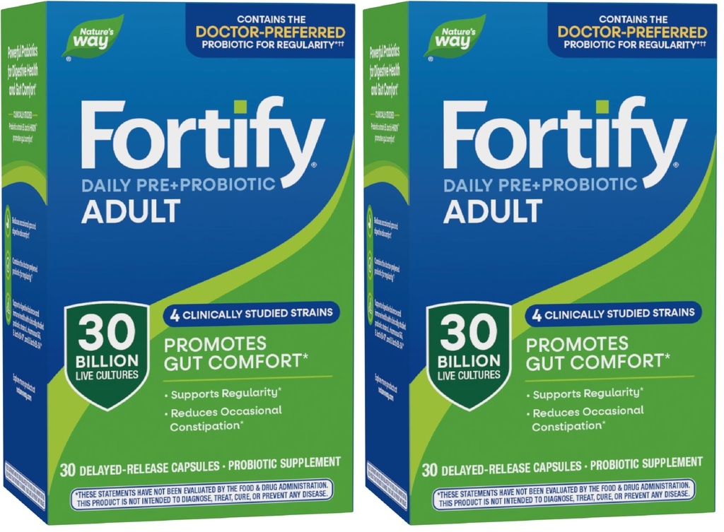 Nature's Way Fortify Daily Pre+Probiotic Adult 30 Billion, Probiotics for Immune and Digestive Health Support*, 30 miljarder levande kulturer, 30 kapslar (Pack of 2)