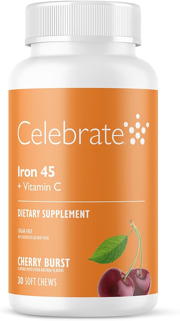 Juhlita vitamiineja rauta täydentää C-vitamiini - 45 mg rautaa, 60 mg C-vitamiinia, Bariatric vitamiineja WLS potilaille, vertikaalinen hiha ja mahalaukun ohitusleikkaus - Kirsikka, 30 pehmeä purukumi