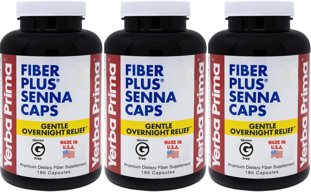 Yerba Prima Fiber Plus Senna Capsules, 180 Count (Pack of 3) - 118 portioner av Gentle Overnight Relief, USA Made, Non-GMO, för kortsiktig användning för att återställa reglering
