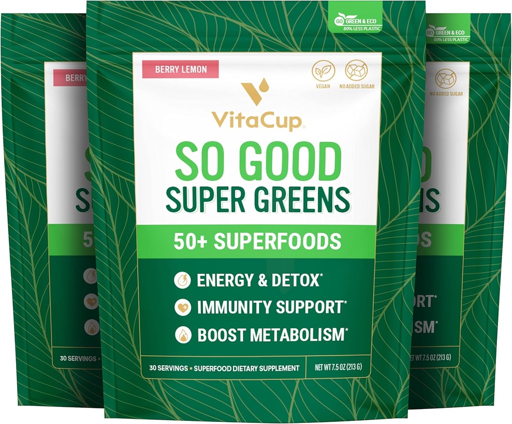 VitaCup Super Greens Powder Smoothie & Juice Mix w/50+ Premium Superfoods, Digestive Health, Bloating Relief, Detox, Gut Health w/Probiotics, Antioxidanter, Berry Lemon, 30 Servings Varje, 3 Bags