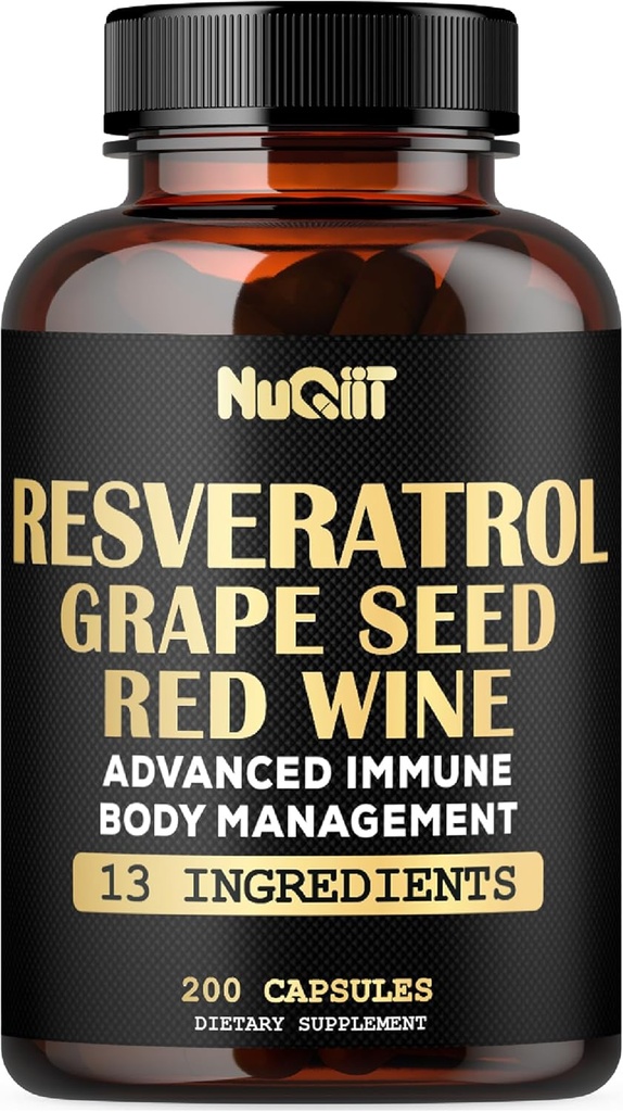 Trans Resveratrol Supplement med Red Wine Extract, Immune & Body Management Complex - Echinacea, Garlic Bulb, Berberine HCI, Milk Thistle & More - 200 kapslar för 100 portioner