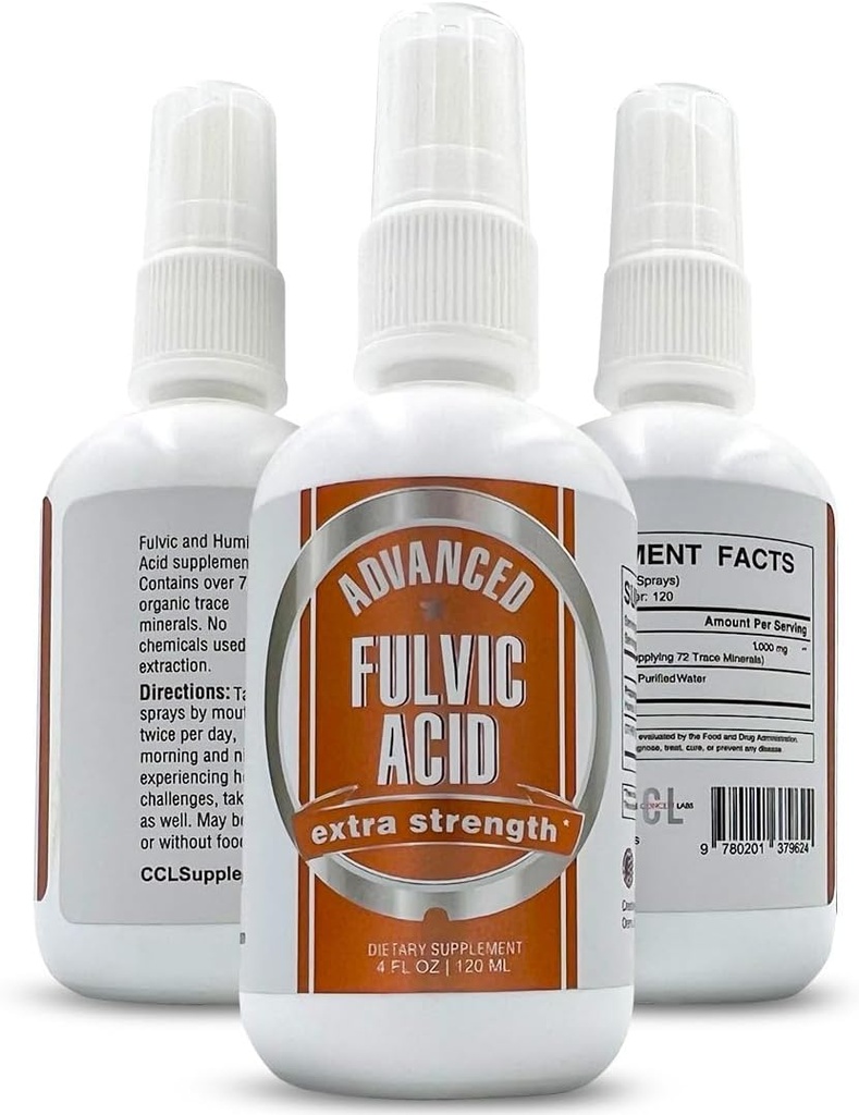 Avancerad Fulvic Acid och Humic Acid Trace Mineral Liquid Spray Supplement. 70+ Ionic Organic Vital Minerals & Electrolytes, Liknande fördelar med Shilajit & Drops (4 oz, 120 portioner)