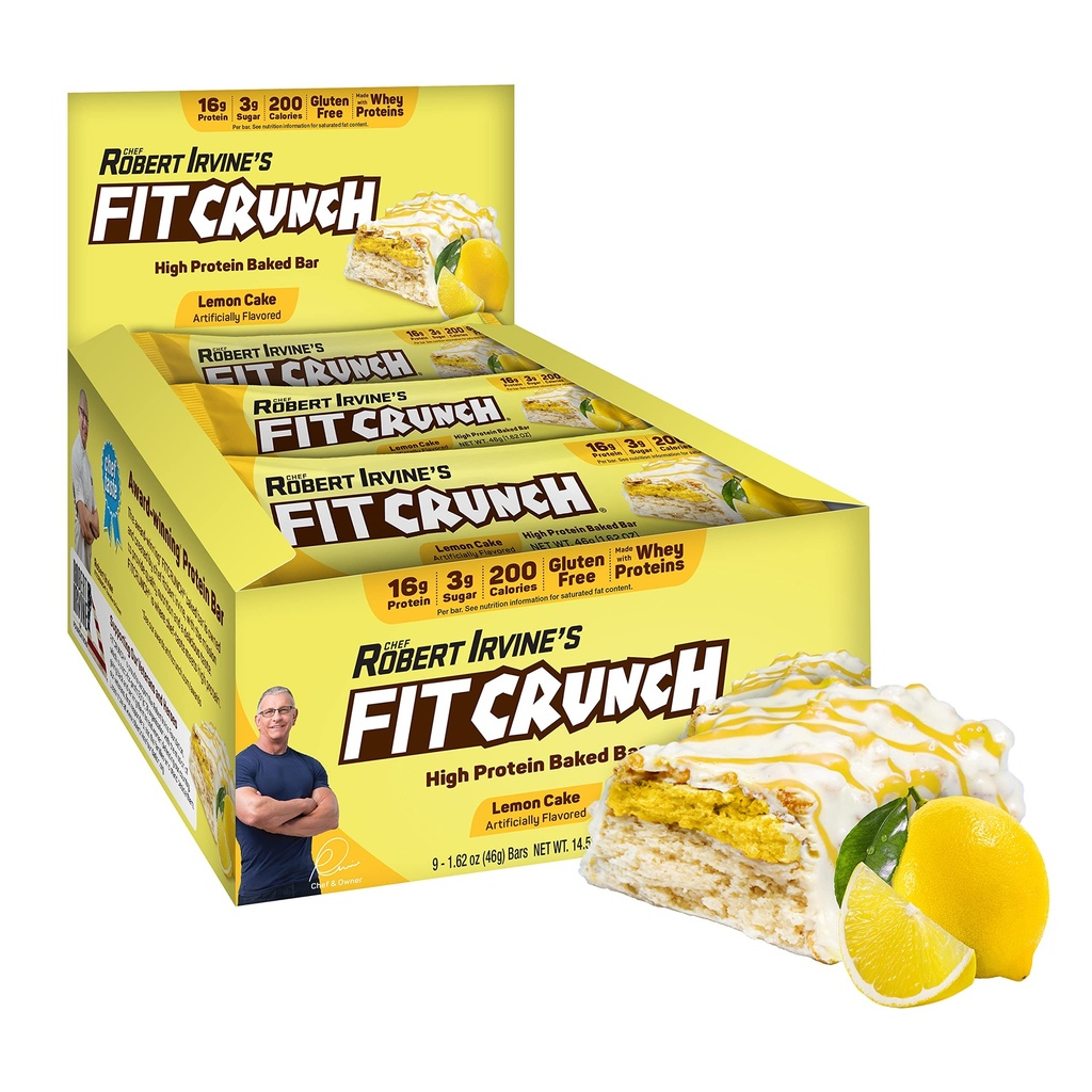 FITCRUNCH Välipalakoko Proteiinipatukat, 6-layer paistettu baari, 3g sokeria & pehmeä kakku ydin (9 baaria, sitruunakakku)