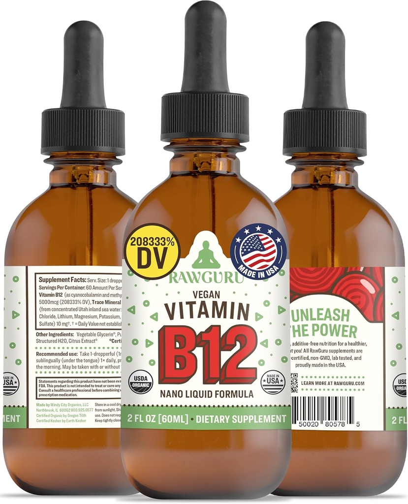 RawGuru B12-vitamiinin nestemäinen täydennysosa - Orgaaninen vegaaninen nestemäinen B12, jossa on trace-mineraalit - Nanoprosessoitu antioksidantti ja immunosupport Supplement Tincture - 60 tarjoilua vegaaninen tippa 60 ml:ssa, 1 pakkaus