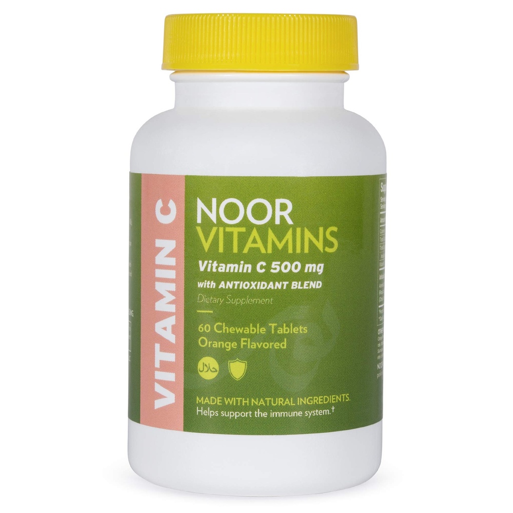 Noor Vitamins 500 MG Halal Vitamin C Chewable Tablets + Rose HIPS och antioxidanter jag stöder immunsystem I Vegan, Gluten Free & Halal Vitamin 60 Orange smaksatta Chewabletter I 2 månaders leverans