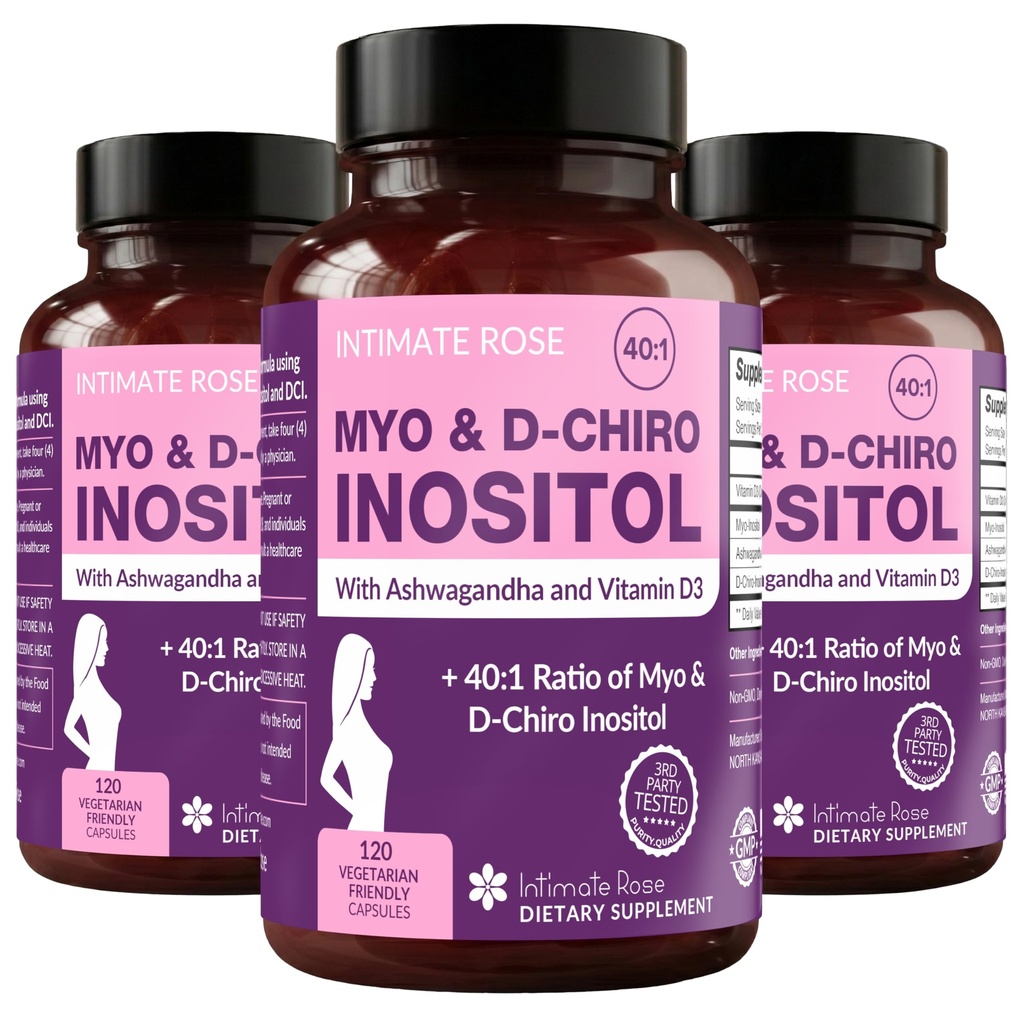 Intimate Rose Myo-Inositol & D-Chiro Inositol Blend - 40:1 Sekoitussuhde - naisten päivittäinen hyvinvointi tuki - D-vitamiini & Ashwagandha, 3 pullot